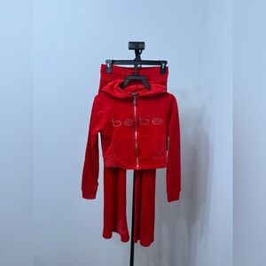 Bebe Plush Red Rhinestone Tracksuit Set